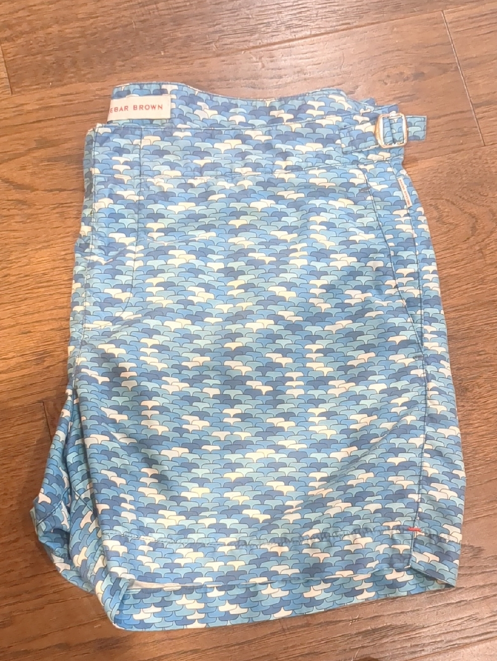 Orlebar Brown Light Blue and Navy Wave Print Swim Shorts